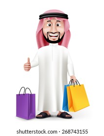 Realistic 3D Handsome Saudi Arab Man Character Wearing Traditional Clothes Holding Colorful Shopping Bags with Okay Hand Sign. Editable Vector Illustration