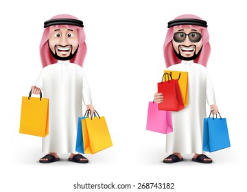 Realistic 3D Handsome Saudi Arab Man Character Wearing Traditional Clothes Holding Shopping Bags in WHite Background. Two Editable Vector Illustration