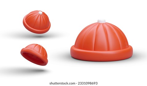 Realistic 3d hat set. Isolated red hat templates. Front and angle view of man or children caps collection. Vector clothing fashion in cartoon style with white background