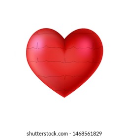Realistic 3d heart with cardiogram inside isolated on white background. Vector illustration.