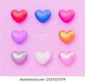 Realistic 3d heart set in different colors on pink background. Love icon collection for valentines letter, wedding invitation, love banner. Love concept, Mother's Day decoration. Vector illustration