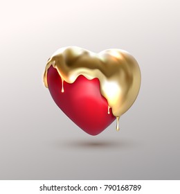 Realistic 3d heart shape with covering golden paint drips. Vector illustration. Love sign with gold liquid. Decoration element for design.