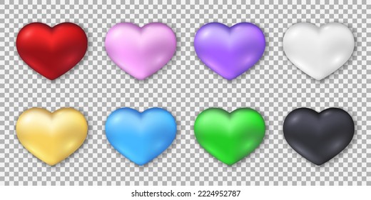 Realistic 3d hearts collection. Glossy pearl gradient vector templates on transparent background with shadow underneath. Best for web, logo, print and St. Valentine's Day decoration. EPS 10.