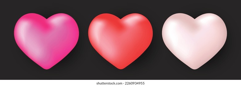 realistic 3d hearts with shiny effect, valentine's day ornament collection vector graphic