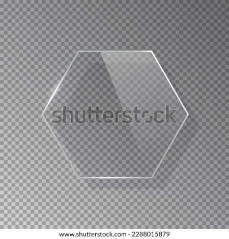 Realistic 3d hexagon glass frame isolated on grey transparent background. Creative border plate object, framework.