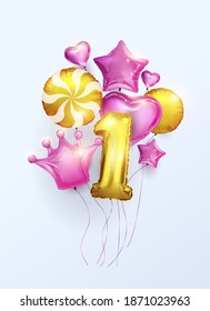 Realistic 3D holiday foil balloons . One year anniversary . A set of balloons for a girl with a heart, crown, and stars. Gold and pink colors for the Princess. Birthday or anniversary card.vector