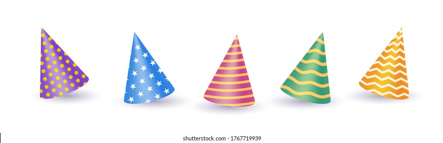 Realistic 3d holiday hats, caps collection. Cap for birthday party, new year party celebration. Hats for fun, holiday celebration, anniversary party or entertainment. Vector illustration
