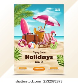 Realistic 3d Holidays vacations vertical poster template