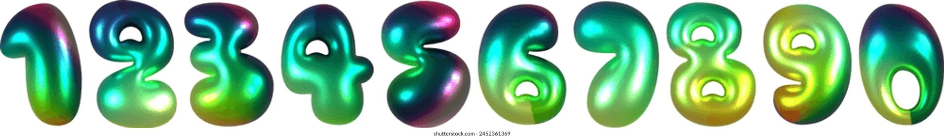 Realistic 3d Holograph Number Balloons 0 to 9. Y2k bubble Vibrant, shiny holographic vector numbers from one to zero, with a smooth reflective surface. Template for products, advertizing, web banners