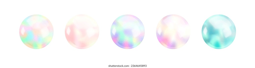 Realistic 3d holographic sphere set. Vector glossy gradient balls collection, Iridescent round shape render. Abstract vibrant colorful element trendy neon design.