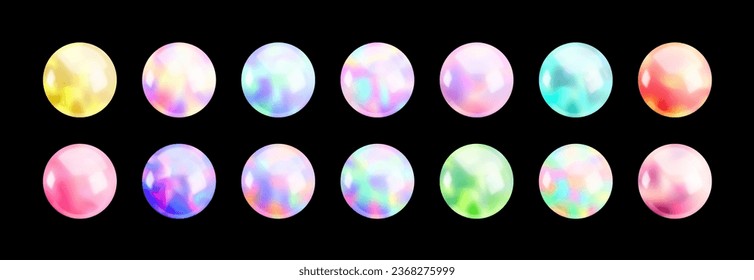 Realistic 3d holographic sphere set. Vector glossy gradient balls collection, Abstract vibrant colorful Iridescent round shapes on black