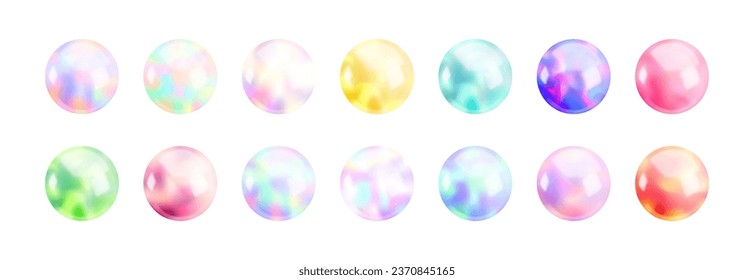 Realistic 3d holographic sphere set. Vector glossy gradient balls collection, Abstract vibrant colorful Iridescent round shapes isolated on white svg