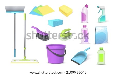 Realistic 3d home cleaning tools, brooms, mop and bucket. Household cleanup and dish washing chemical products, rags and sponges vector set. Equipment and chemicals for hygiene service