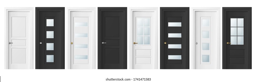 Realistic 3D home and office entry doors. Vector doors design icon set isolated on white background