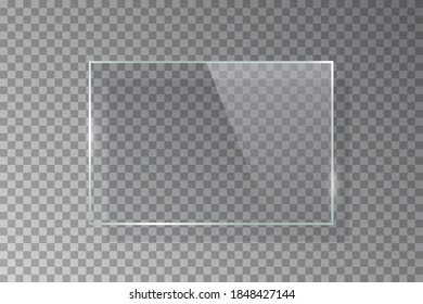 Realistic 3d horizontal rectangular glass frame isolated on grey transparent background. Creative border plate object. Vector blank framework