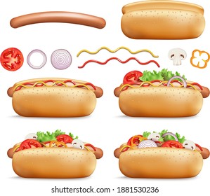 Realistic 3d Hot Dogs Different Set Fast Food with Sausage, Bread, Onion,
Champignon, Pepper, Tomato, Mustard and Ketchup.