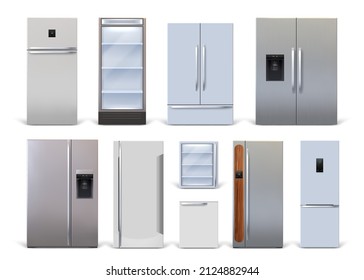 Realistic 3d Household And Industrial Fridges Modern Designs. Kitchen Refrigerators And Display Coolers. Metallic Fridge Machine Vector Set Of Refrigerator And Fridge Household Kitchen Illustration