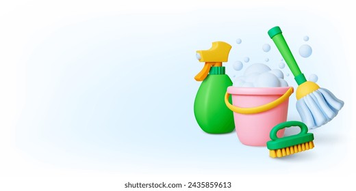 Realistic 3d household tools. Cleaning service ad poster. Bucket with soap foam, spray bottle, brush and broom. Housekeeping pithy vector concept