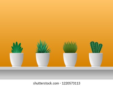 Realistic 3d houseplants in potted the yellow wall. Collection of various cactus.  Floral flat lay minimalism Vector Illustration. 