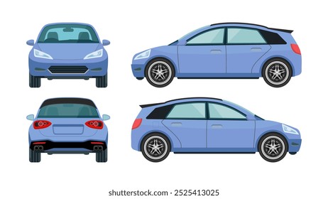 Realistic 3D Hybrid Blue Hatchback Car: Eco-Friendly Design with Front, Rear, Side, and Back Views. Vector illustrations.