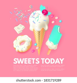 Realistic 3D Ice Cream Design Template. Mint, Creamy and Chocolate. Trendy Sweets.