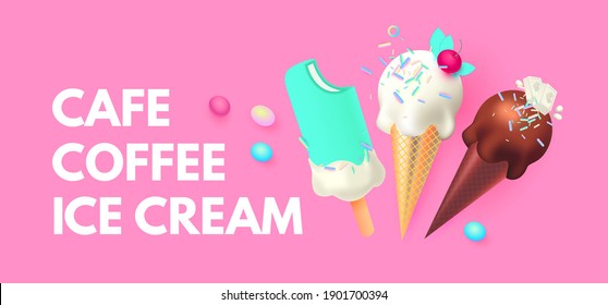 Realistic 3D Ice Cream Design Template. Mint, Creamy and Chocolate. Trendy Sweets.