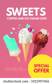 Realistic 3D Ice Cream Flyers Set. Creamy and Chocolate. Trendy Sweets. Gelato Advertising. Sweet Shop Ad.