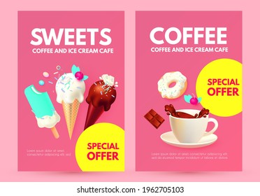 Realistic 3D Ice Cream Flyers Set with Coffee Cup. Fruit, Creamy and Chocolate. Trendy Sweets. Gelato Advertising. Coffee to Go Ad.