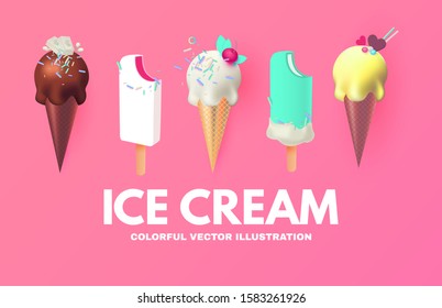 Realistic 3D Ice Cream Set. Fruit, Creamy and Chocolate. Trendy Sweets.