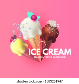Realistic 3D Ice Cream Set. Fruit, Creamy and Chocolate. Trendy Sweets.