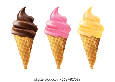 Realistic 3D ice cream in waffle cones set. Delicious ice cream with strawberry, chocolate and vanilla flavors. Summer cold dessert icons.