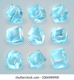 Cubos de hielo 3D realistas aislados sobre un fondo transparente. Conjunto de vectores de la ilustración 3d del cubo de hielo