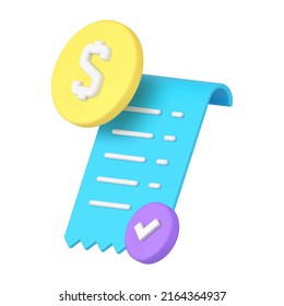 Realistic 3d icon blue diagonal placed curved payment blank financial receipt document vector illustration. Ragged paper form accept paying complete shopping retail checkout commercial purchase