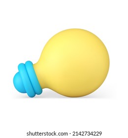 Realistic 3d icon bright electric yellow lightbulb lighting glowing power electricity vector illustration. Isometric business idea startup innovation creative efficiency solution lying down light bulb