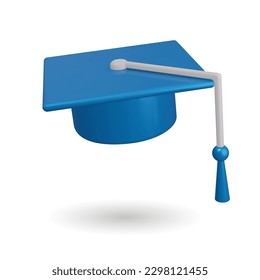 Realistic 3d icon college cap, graduation cap, mortar board. Vector Illustration. College cap, graduation cap, mortar board element for college graduate celebration. Cartoon minimal style