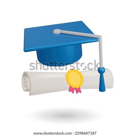 Realistic 3d icon college cap, diploma, close up of paper scroll with red ribbon and golden medal. Vector Illustration. College cap, graduation cap, mortar board element for college graduate