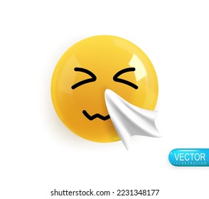 Realistic 3d Icon. Emoji face. Render of yellow glossy color emoji in plastic cartoon style