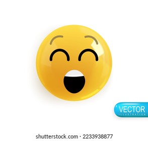 Realistic 3d Icon. Emoji face. Render of yellow glossy color emoji in plastic cartoon style