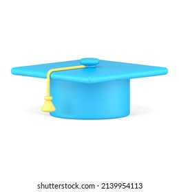 Realistic 3d icon isometric blue graduation cap degree high university achievement vector illustration. Graduate hat with tassel symbol wisdom, education, learning, degree. School celebrate isolated