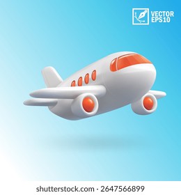 Ícone 3D realista avião de passageiros moderno voando no céu azul, conceito de viagem de aviação. Jato comercial de avião comercial com corpo branco e acentos azuis, ilustração vetorial em formato EPS10, isolado