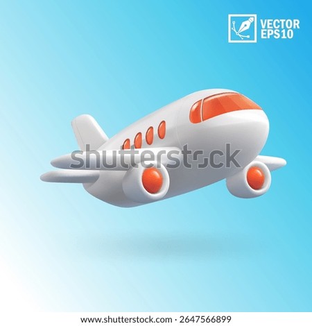 Realistic 3D icon modern passenger airplane flying in blue sky, aviation travel concept. Commercial airliner jet with white body and blue accents, vector illustration in EPS10 format, isolated
