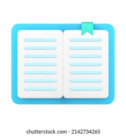 Realistic 3d icon open blue paper book bookmark, education textbook, dictionary isometric vector illustration. Business notebook pad writing text reminder learning knowledge intelligence front view