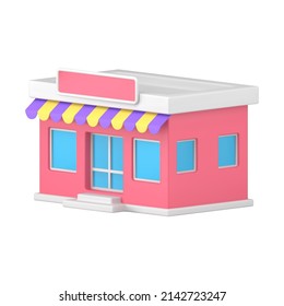 Realistic 3d icon pink grocery awning store building facade front side view vector illustration. Commercial architecture exterior street retail market local store. Sale storefront small business