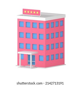 Realistic 3d icon pink public hotel building exterior door entrance and windows front side view isometric vector illustration. Luxury five stars resort modern city vacation architecture facade tower