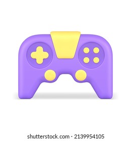 Realistic 3d icon purple yellow video game joystick front view vector illustration. Gamepad electronic console controller analogue technology device virtual reality cyberspace entertainment isolated