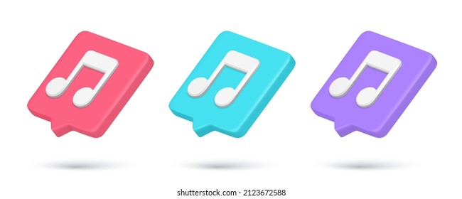 Realistic 3d icon quick tips musical notes internet notification collection vector illustration. Set music melody sound listening creating production online application alert speech bubble mockup svg