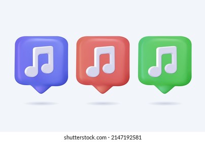 Icono 3d realista consejos rápidos notas musicales notas de notificación de internet colección de ilustraciones vectoriales. Establecer melodía de música escuchando crear producción en línea aplicación alerta de voz paro de burbujas