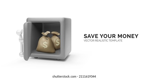 Realistic 3d illustration of big safe with open door and money bags inside. Safety and protection money concept. Vector 