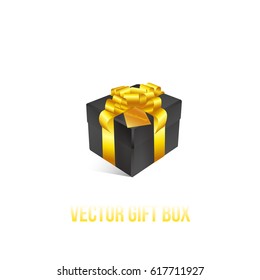 Realistic 3D illustration of black gift box with golden ribbons and bows for celebrations, showers, special days.