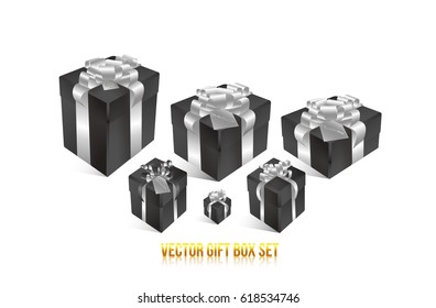 Realistic 3D illustration of black gift boxes with white ribbons and bows for celebrations, showers, special days. Vector set with grouped elements.